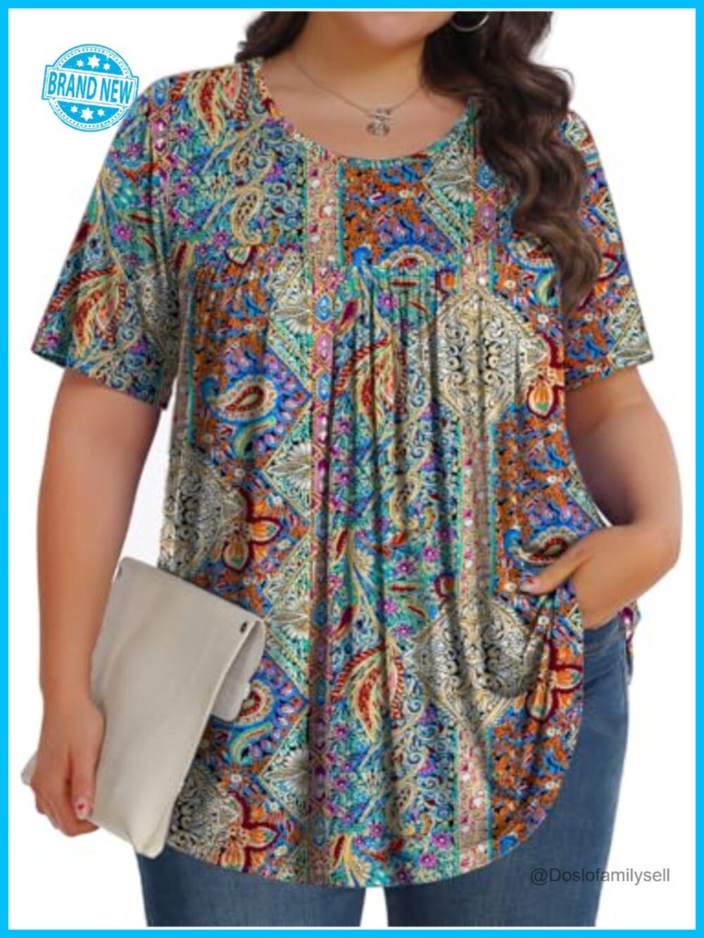 Plus Size Tunic Top Short Sleeve Crew Neck Blouse Soft Casual